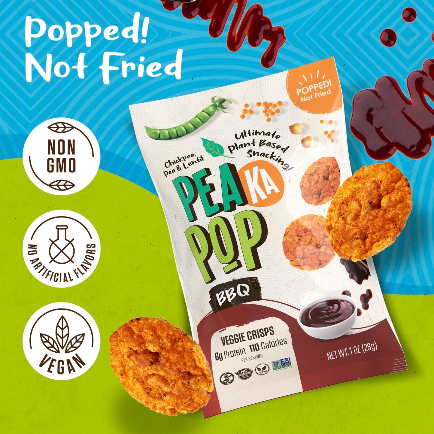 PEAKAPOP Veggie Chips – Plant-Based BBQ Crisps with Pea Protein – 1 oz Bags (15-Pack) – Vegan, Gluten-Free