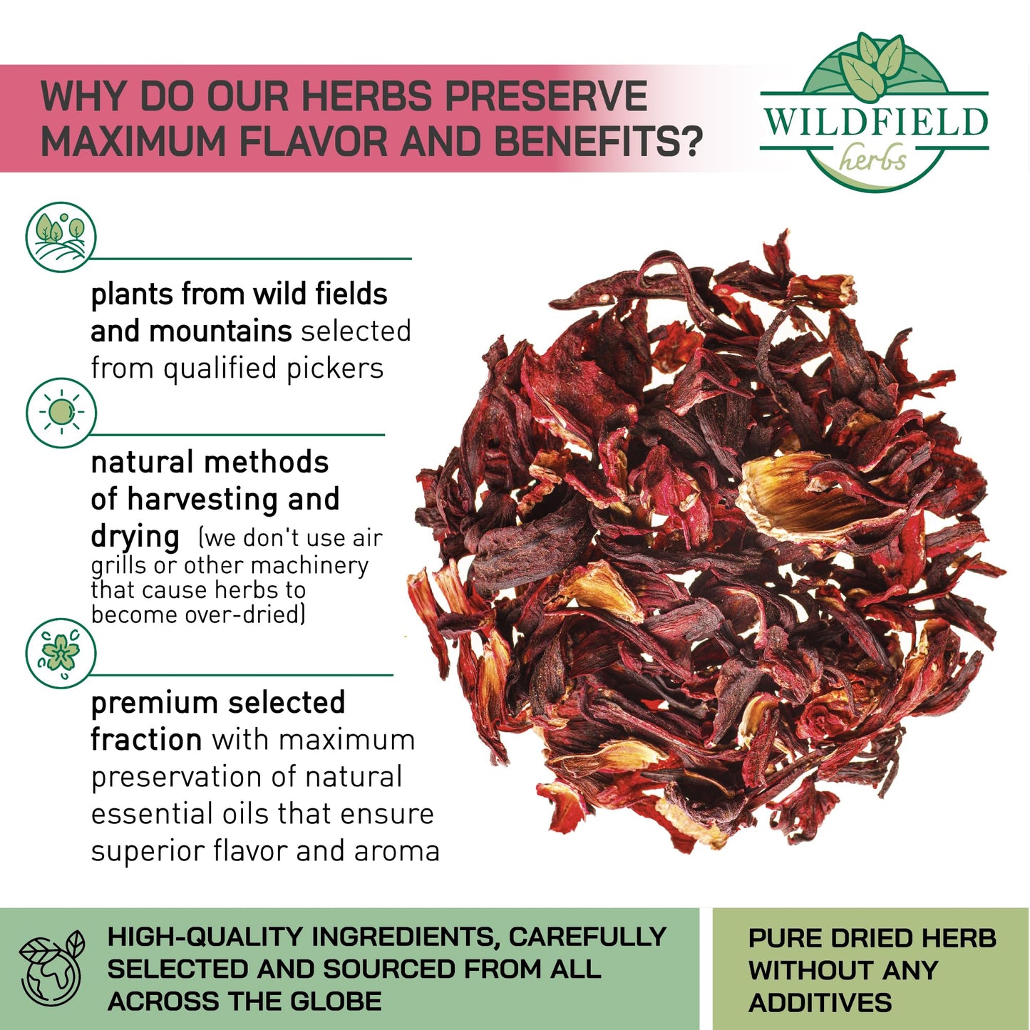 WILDFIELD HERBS Dried Hibiscus Flower Tea - 100 Tea Bags, 1.5g Each, Herbal Flor De Jamaica