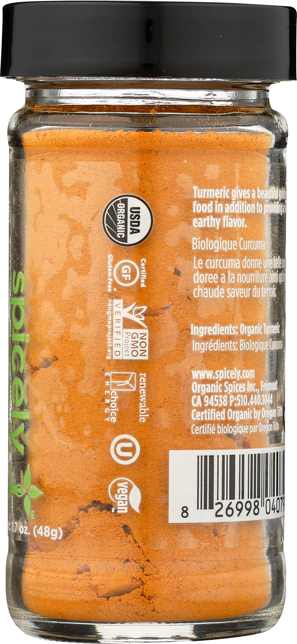 Spicely Organic Turmeric Powder 1.70 Ounce Jar Certified Gluten Free