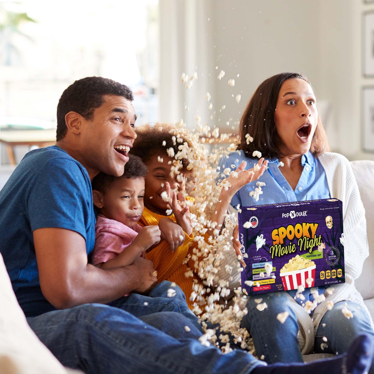 Halloween Gifts Popcorn Spooky Movie Night Gift Basket Gourmet Kernels and Seasoning Variety Pack, 3 Color Kernels and 5 Flavori