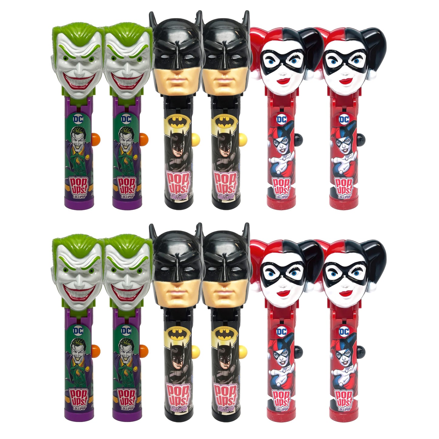 Pop Ups! Batman, Harley Quinn & Joker Lollipop Holder - 12 Lollipops with Cases - Individually Wrapped Candy Party Favors - Just