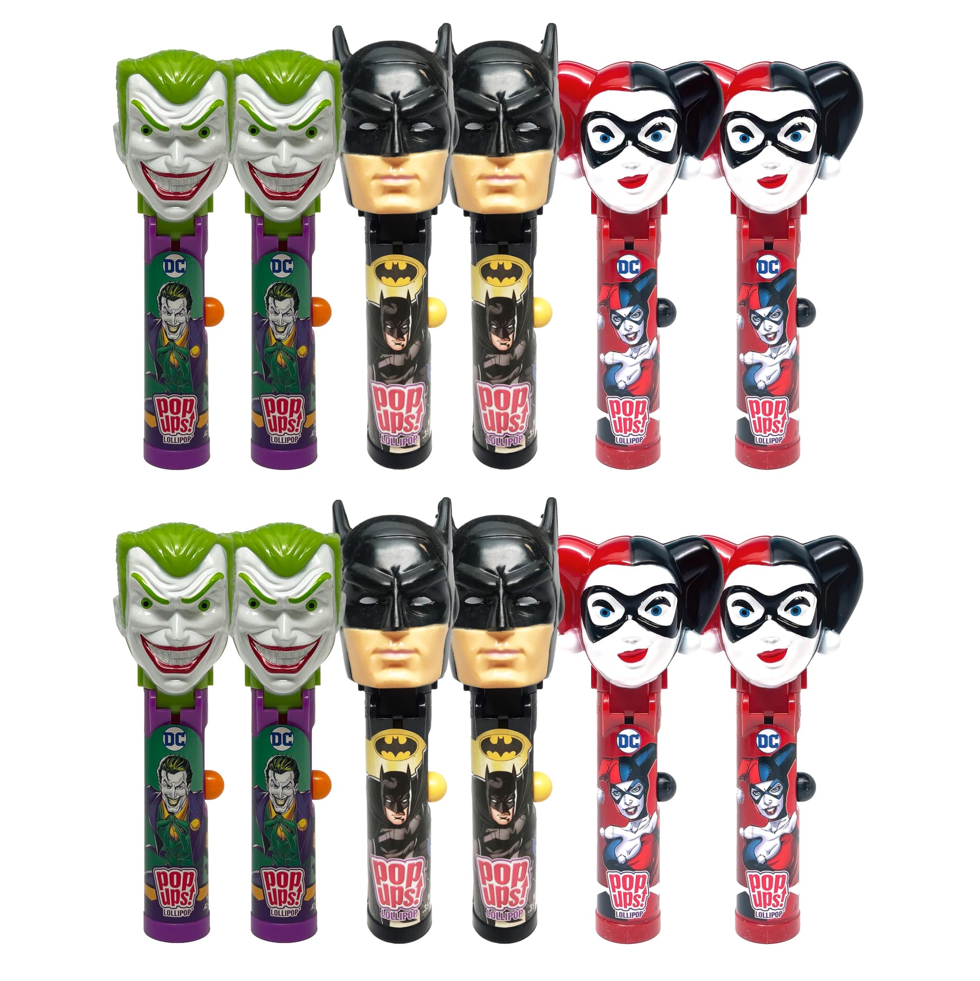 Pop Ups! Batman, Harley Quinn & Joker Lollipop Holder - 12 Lollipops with Cases - Individually Wrapped Candy Party Favors - Just