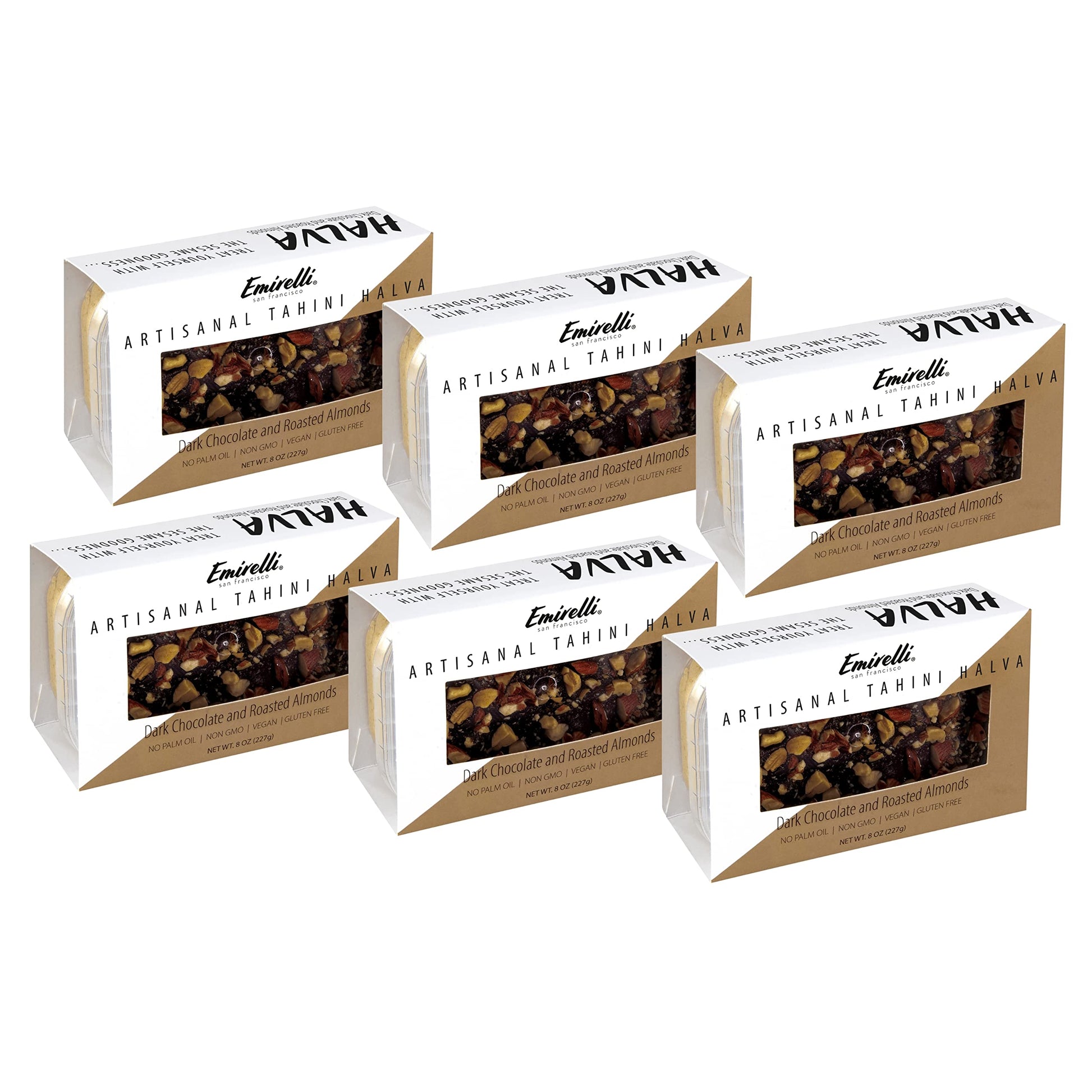 Emirelli Artisanal Halva Dessert - Authentic Middle Eastern Candy Turkish Sweets - Vegan Candy 55%-Tahini Halwa - Halvah Traditional International Sweets - Dark Chocolate Roasted Almonds Flavor - 6