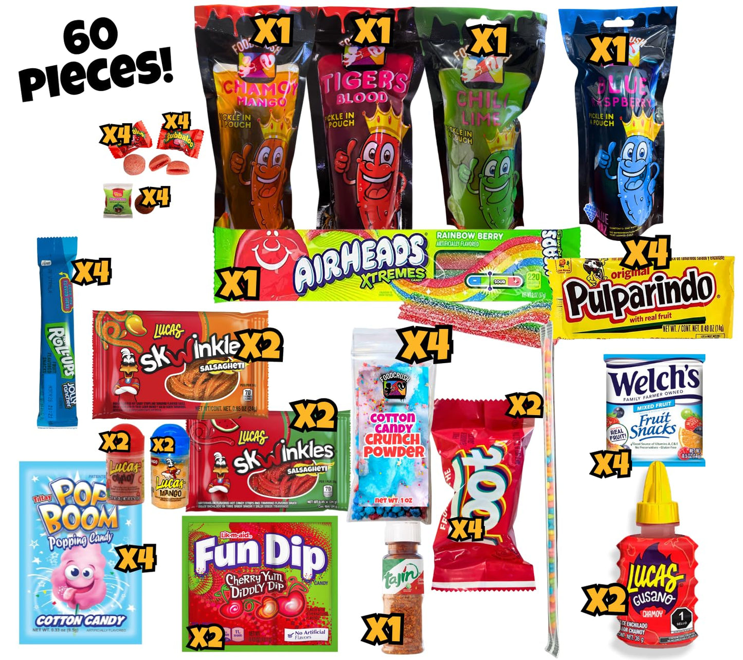 Chamoy Pickle Kit Monster 60 Piece Candy Gift Box Variety Pack From Tiktok-Cotton Candy Pop Rocks, Fruit Roll-Ups, Lucas Gusano,