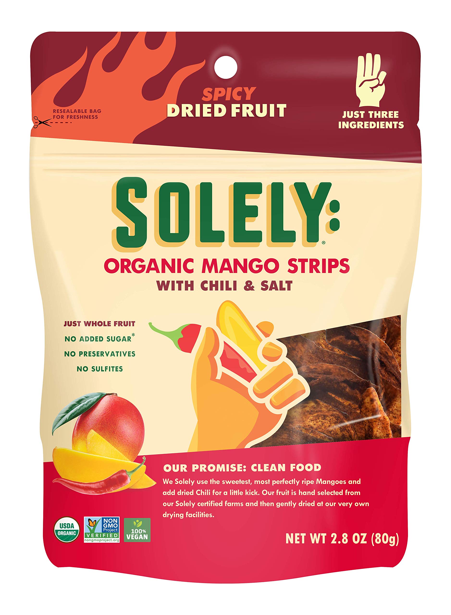 Solely Organic Dried Mango Strips With Chili And Salt, 2.8 Oz | Three Ingredients | Vegan | Non-Gmo | No Added Sugar