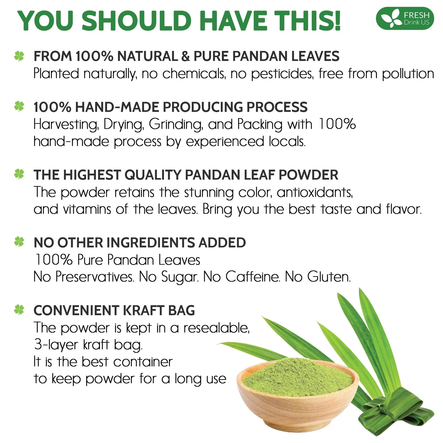 FRESHDRINKUS Premium Pandan Leaf Powder, 100% Natural, 1.3oz, Vegan, No Additives, Green Food Coloring