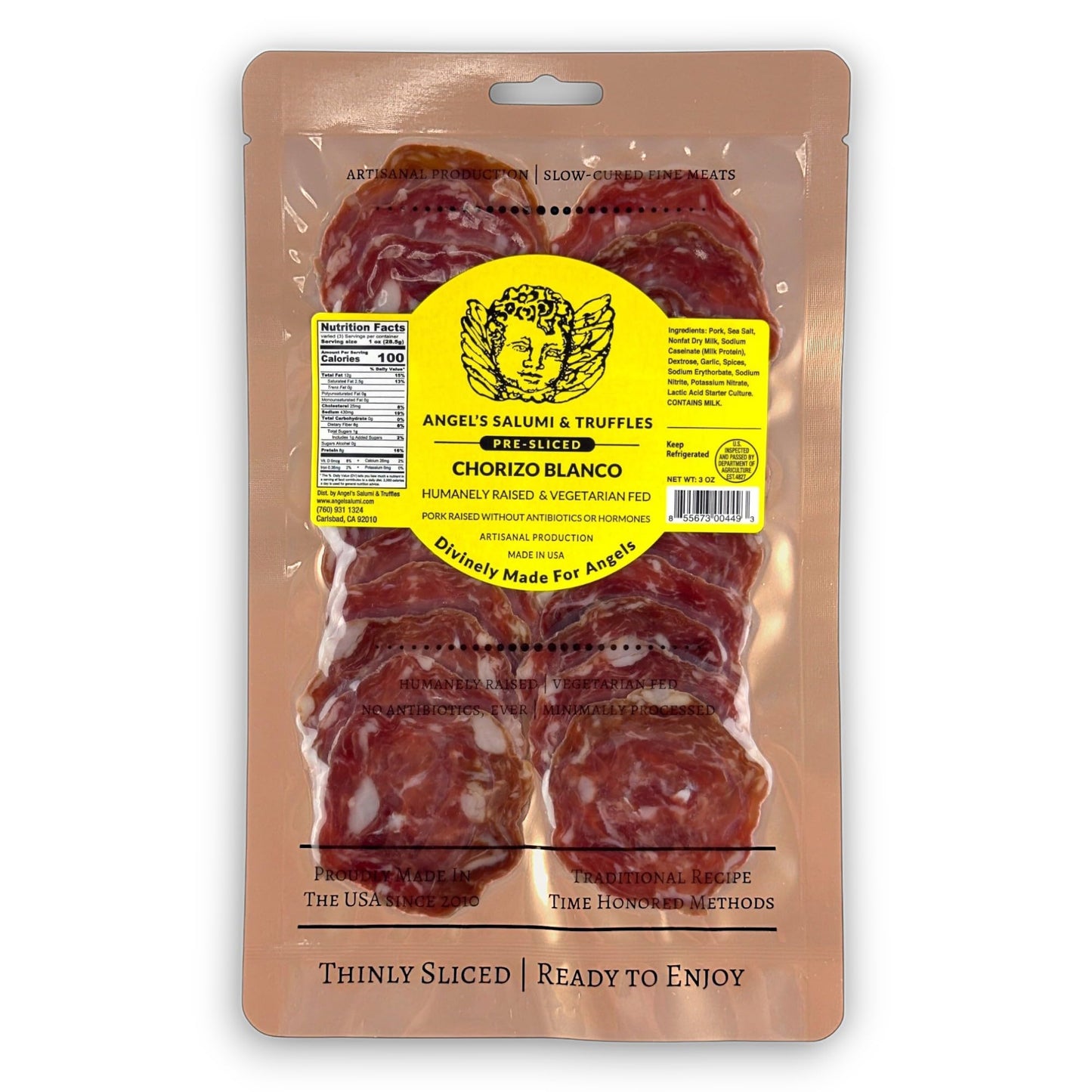 ANGELS SALUMI Pre-Sliced Chorizo Blanco Salami – Gourmet Charcuterie – 3oz – Humanely Raised, Vegetarian Fed, MSG-Free