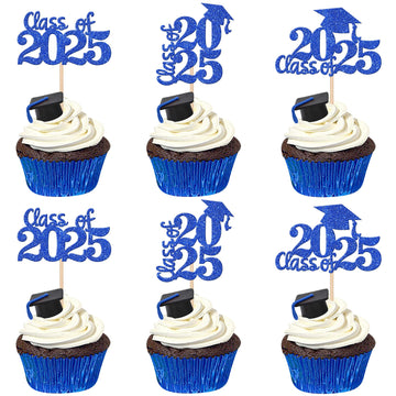 30 PCS 2025 Graduation Theme Cupcake Toppers Glitter Class of 2025 Cupcake Picks Graduation Cap Cake Decorations for 2025 Gradua