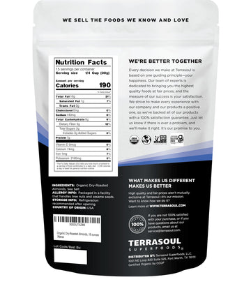 Terrasoul Superfoods Organic Dry-Roasted & Lightly Salted Almonds, 16Oz Resealable Pouch - Perfect For Snacking, Baking, And On-