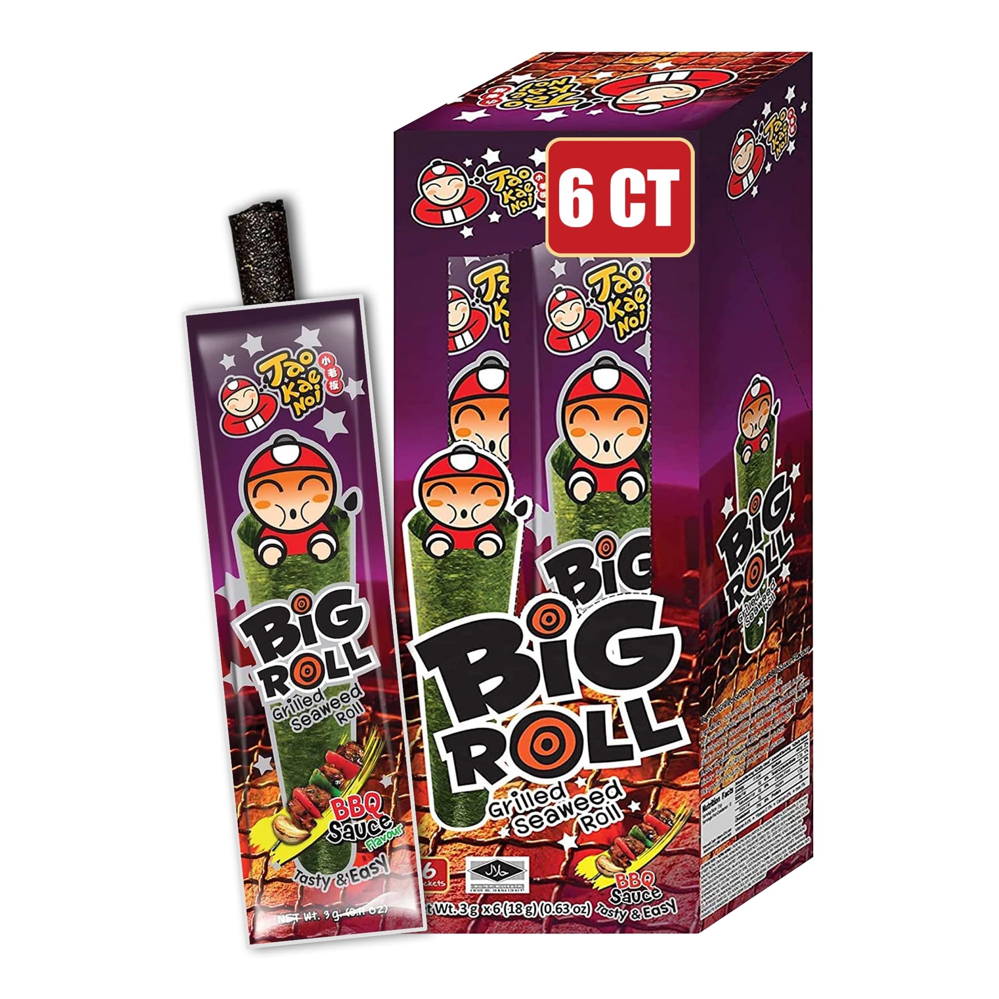 Tao Kae Noi Grilled Seaweed Snacks, BBQ Flavor, 6 Count, 3g Bags, Healthy Nori Rolls for Kids and Adults