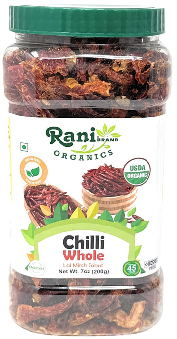 Rani Organic Chilli Whole (Lal Mirch Sabut) 7oz (200g) PET Jar ~ All Natural | Vegan | No Colors | Gluten Friendly | NON-GMO | K