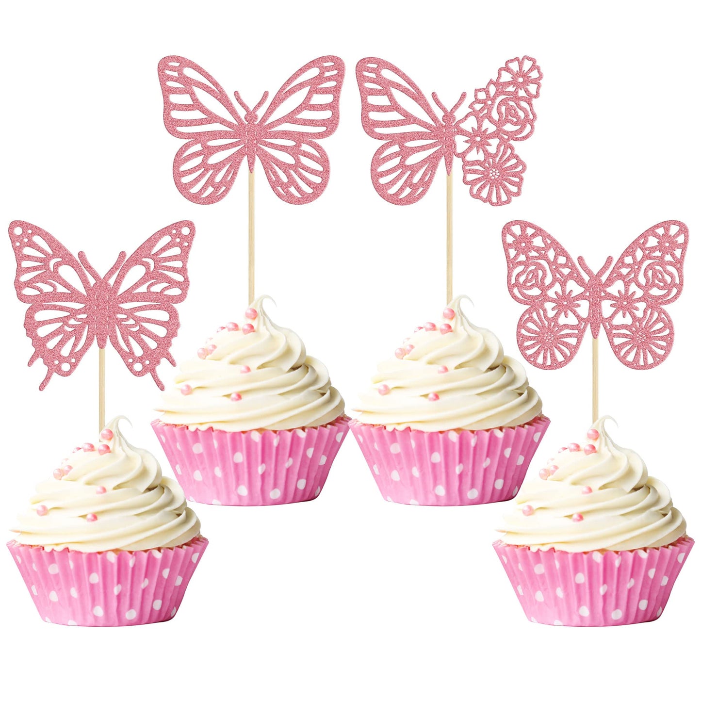 Gyufise 24 Pack Pink Glitter Assembled Butterfly Cupcake Toppers Baby Shower Cake Picks Decorations For Wedding Anniversary Kids