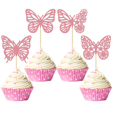 Gyufise 24 Pack Pink Glitter Assembled Butterfly Cupcake Toppers Baby Shower Cake Picks Decorations For Wedding Anniversary Kids
