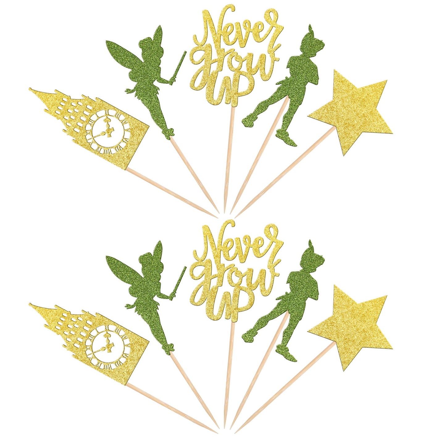 ZHUOWEISM Cupcake Toppers, 30 PCS Glitter Peter Pan Clock Tower Picks, Gold Green Design, Paper Decorations for Baby Shower, Birthday Party