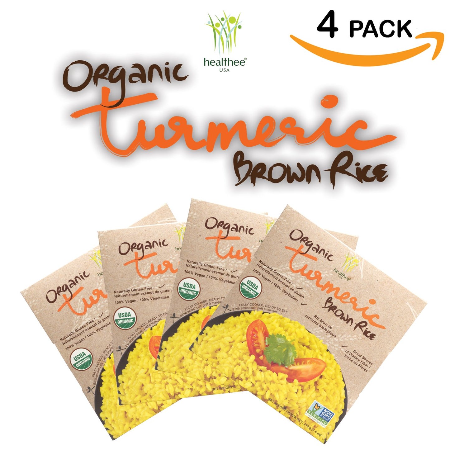 Healthee Organic Brown Rice, Gluten Free, Fully Cooked and Ready-to-Eat, USDA Certified Organic, GMO-Free, Microwaveable (Turmer