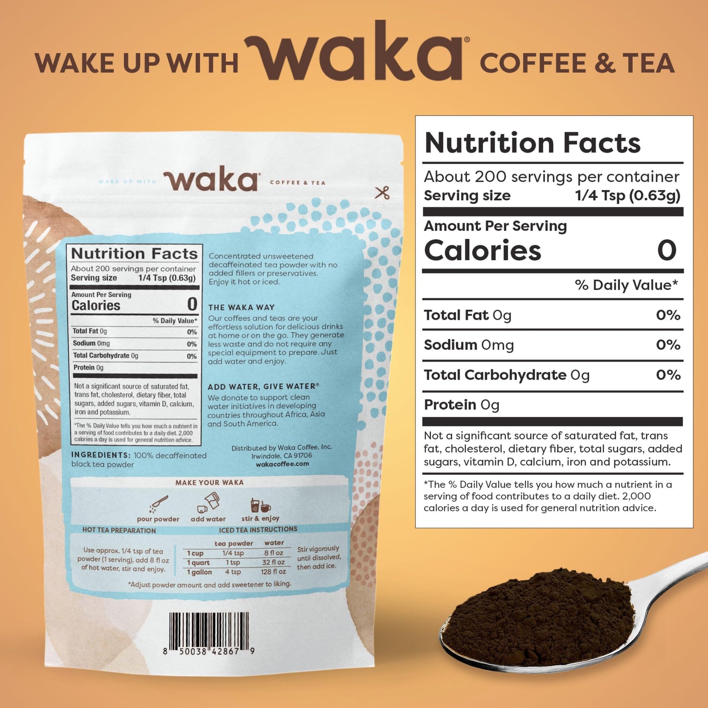 Waka Instant Black Tea Mix Pouch, Decaffeinated - 100% Tea Leaves, No Additives, Unsweetened Tea Powder For 50 Quarts Or 200 Cup