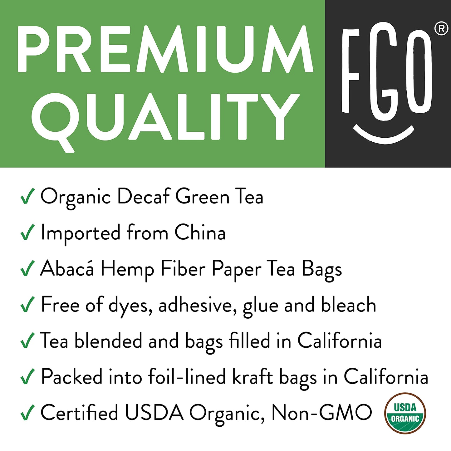 FGO Organic Green Decaf Tea  100 Count  Eco-Conscious Tea Bags  Resealable Bag  Caffeine Free  Packaging May Vary (Pack of 1)