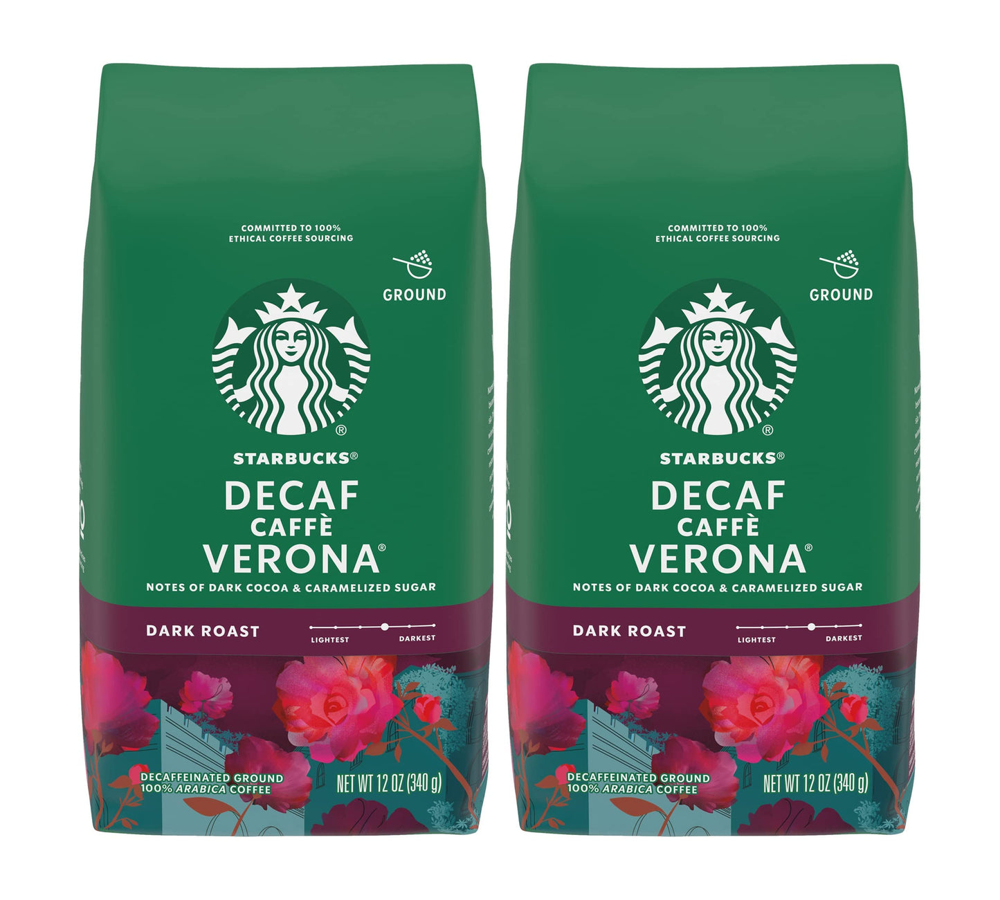 Starbucks Decaf Ground Coffee, Caffè Verona, Dark Roast Decaffeinated Ground 100% Arabica Coffee, Notes Of Dark Cocoa & Caramelized Sugar, 12-Ounce Bag (Pack Of 2)