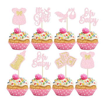 Gyufise 24Pcs Baby Shower Cake Topper, Light Pink, Baby Girl Themed Cupcake Picks For Gender Reveal, Birthday Party Supplies