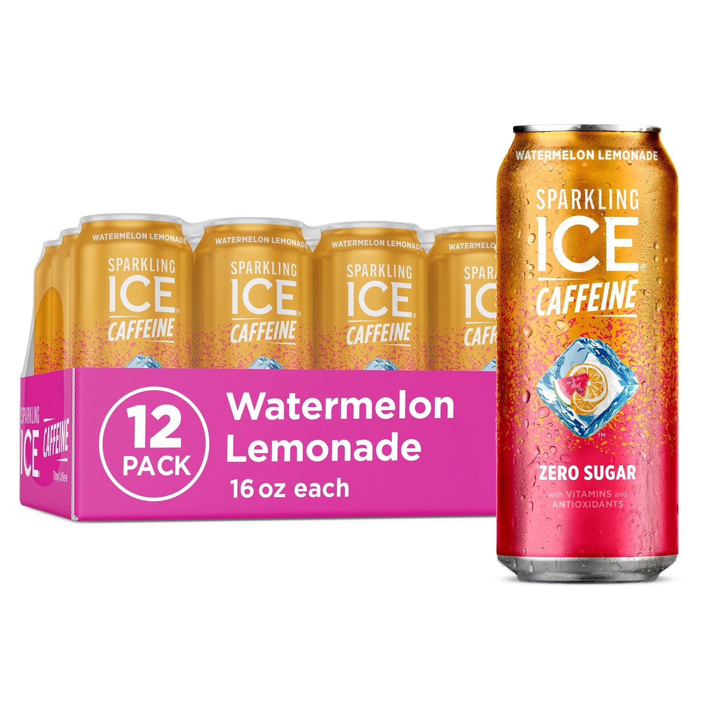 Sparkling Ice Sparkling Water, Zero Sugar, Watermelon Lemonade, 16 Fl Oz Cans, Pack of 12, Model FG00416