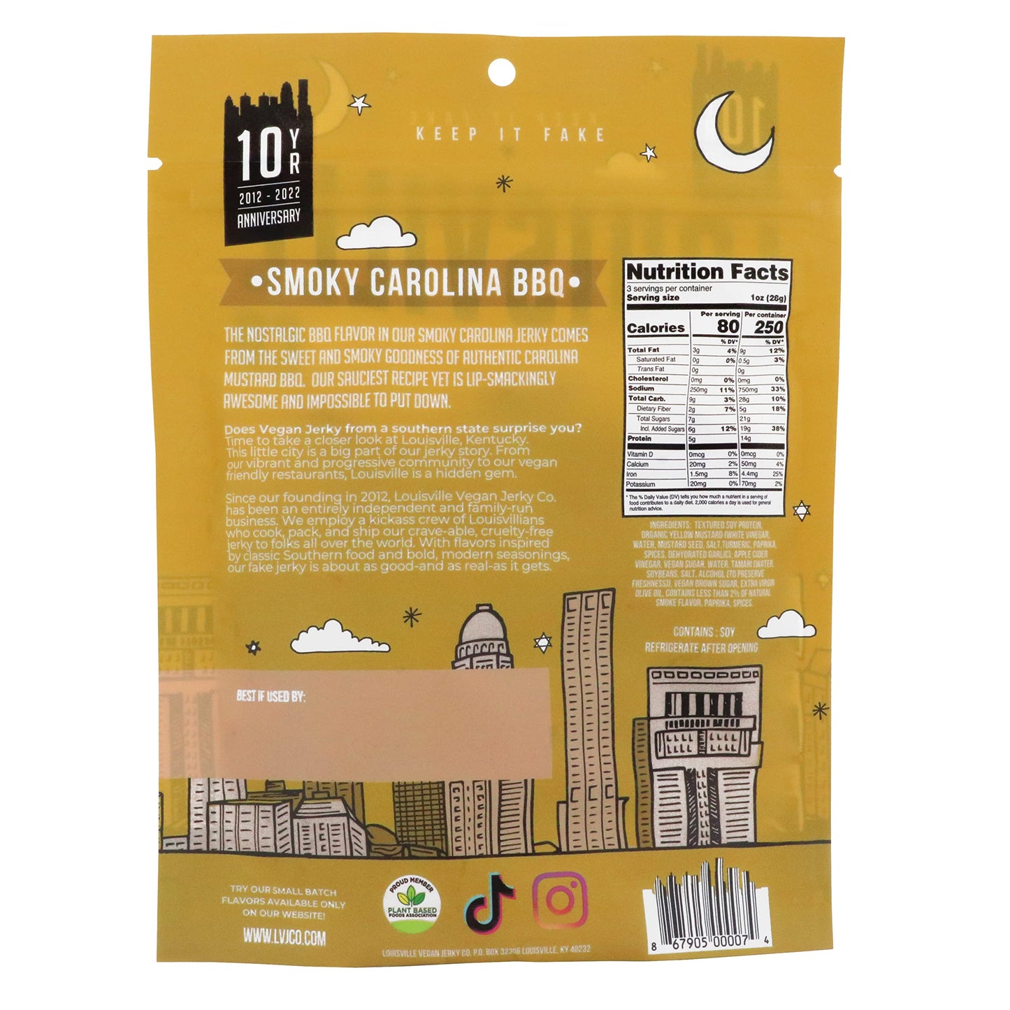 Louisville Vegan Jerky - Sweet & Smoky Carolina Mustard BBQ - Gluten-Free High Protein Snack - 3oz - Yellow