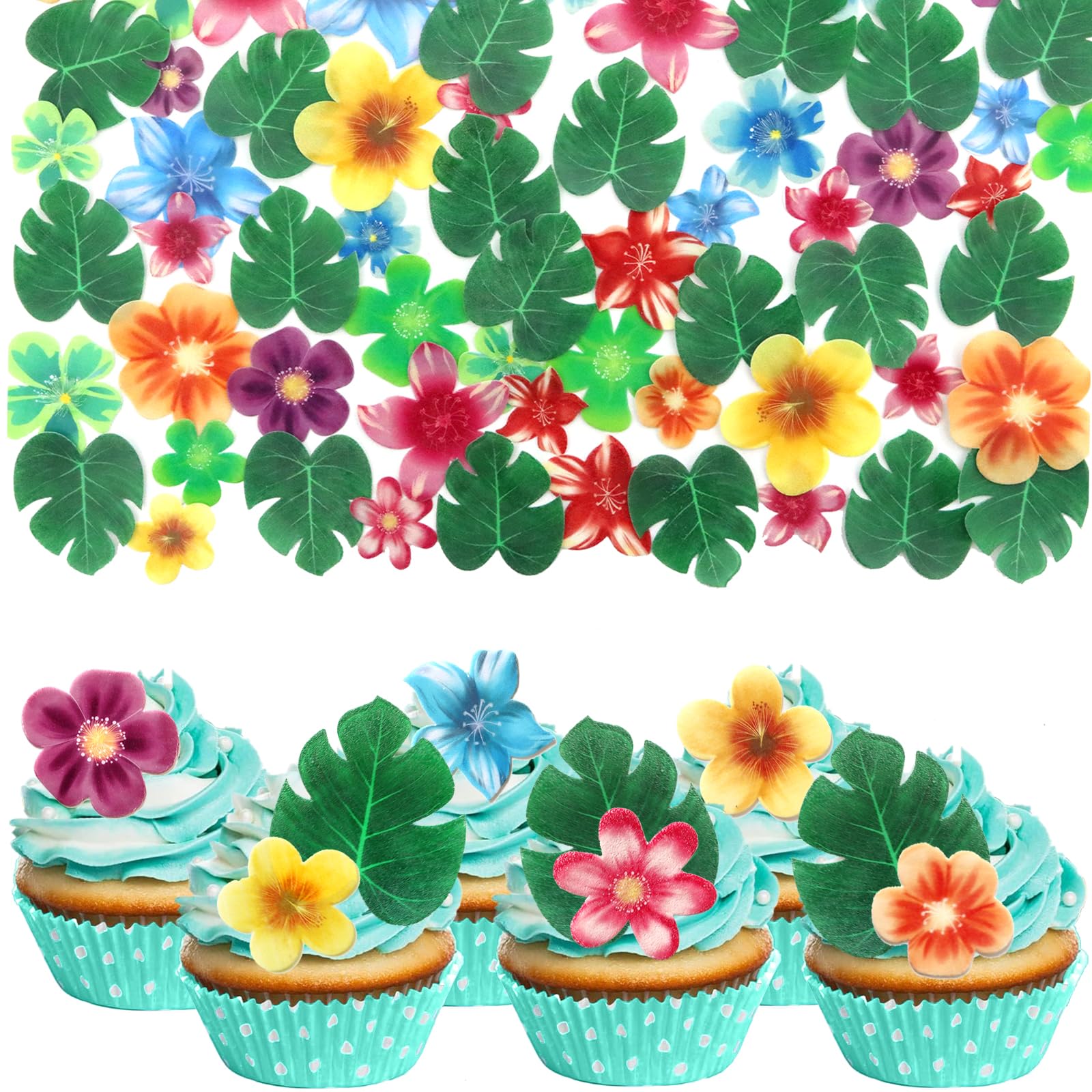 60 Pcs Edible Flowers Cake Decorations Tropical Cake Topper Hawaiian Birthday Party Decoration For Tropical Luau Summer Party Wedding
