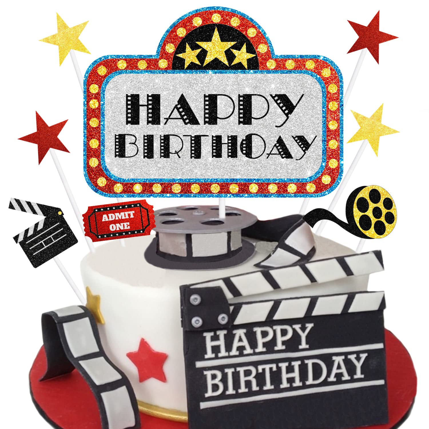 Movie Night Birthday Cake Topper - Movie Theme Roll Hollywood Cinema Ticket Happy Birthday Party Decorations - One Cake Topper A