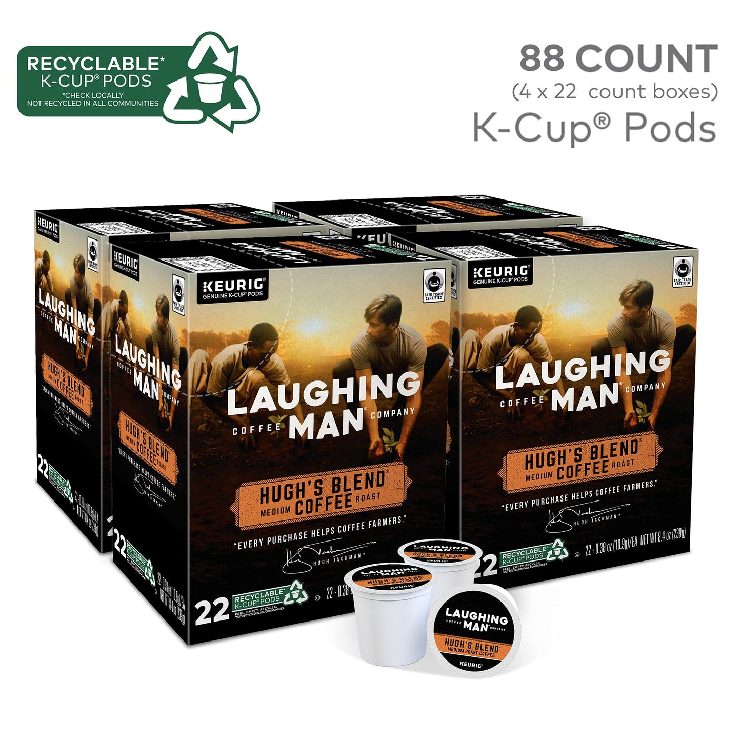 Laughing Man Hugh'S Blend Keurig Single-Serve K Cup Pods, Fair Trade Medium Roast Coffee, 88Count, Hugh'S Blend, 88Count
