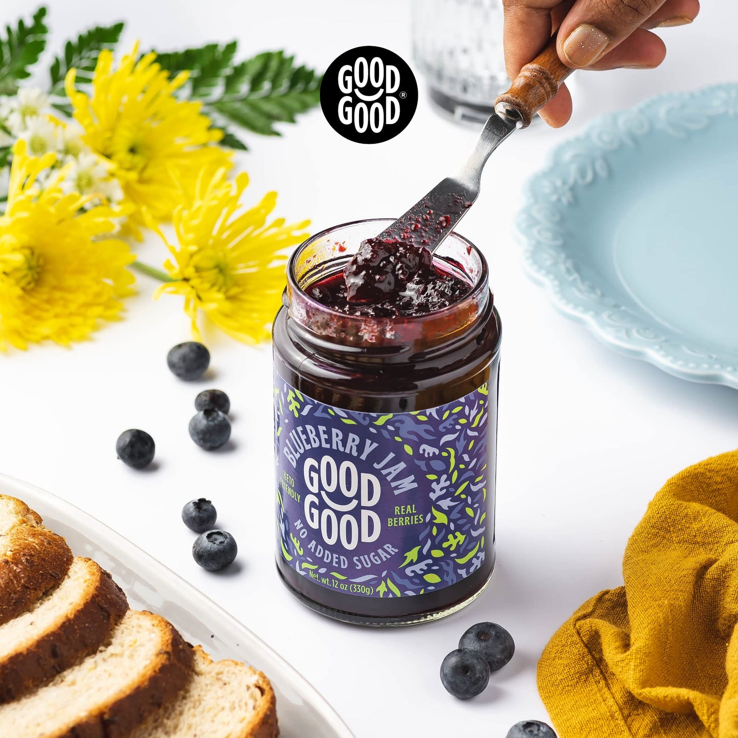GOOD GOOD No Added Sugar Blueberry Jam - Keto Friendly Jelly - Low Carb, Low-Calorie and Vegan - Diabetic Friendly - 12oz / 330g