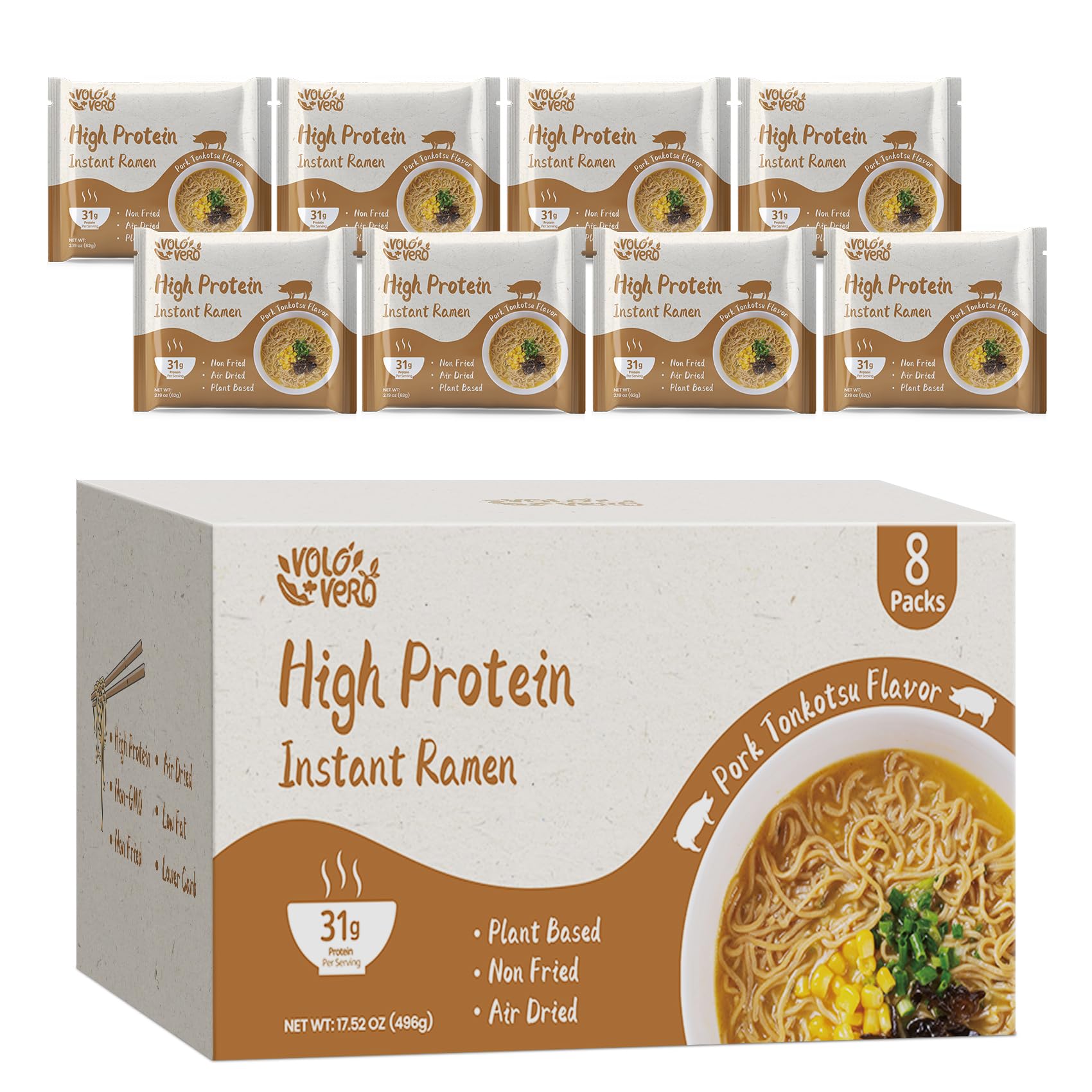 VOLO VERO High Protein (31g) Instant Ramen Pork Tonkotsu Flavor Soup, Plant-Based, Air-Dried, Non-Fried, Low Carb, Egg-Free, Dai
