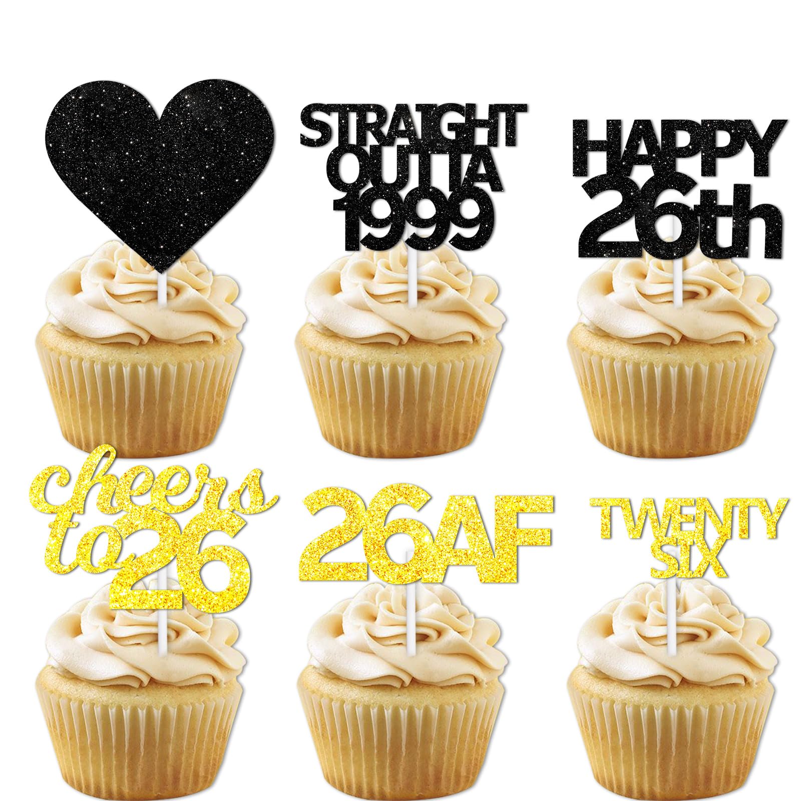 18pcs Black Gold Glitter Dessert Cupcake Pick for Straight Outta 1999 Cheer to 26 Years Old Theme Decor Supplies Happy 26th Birt