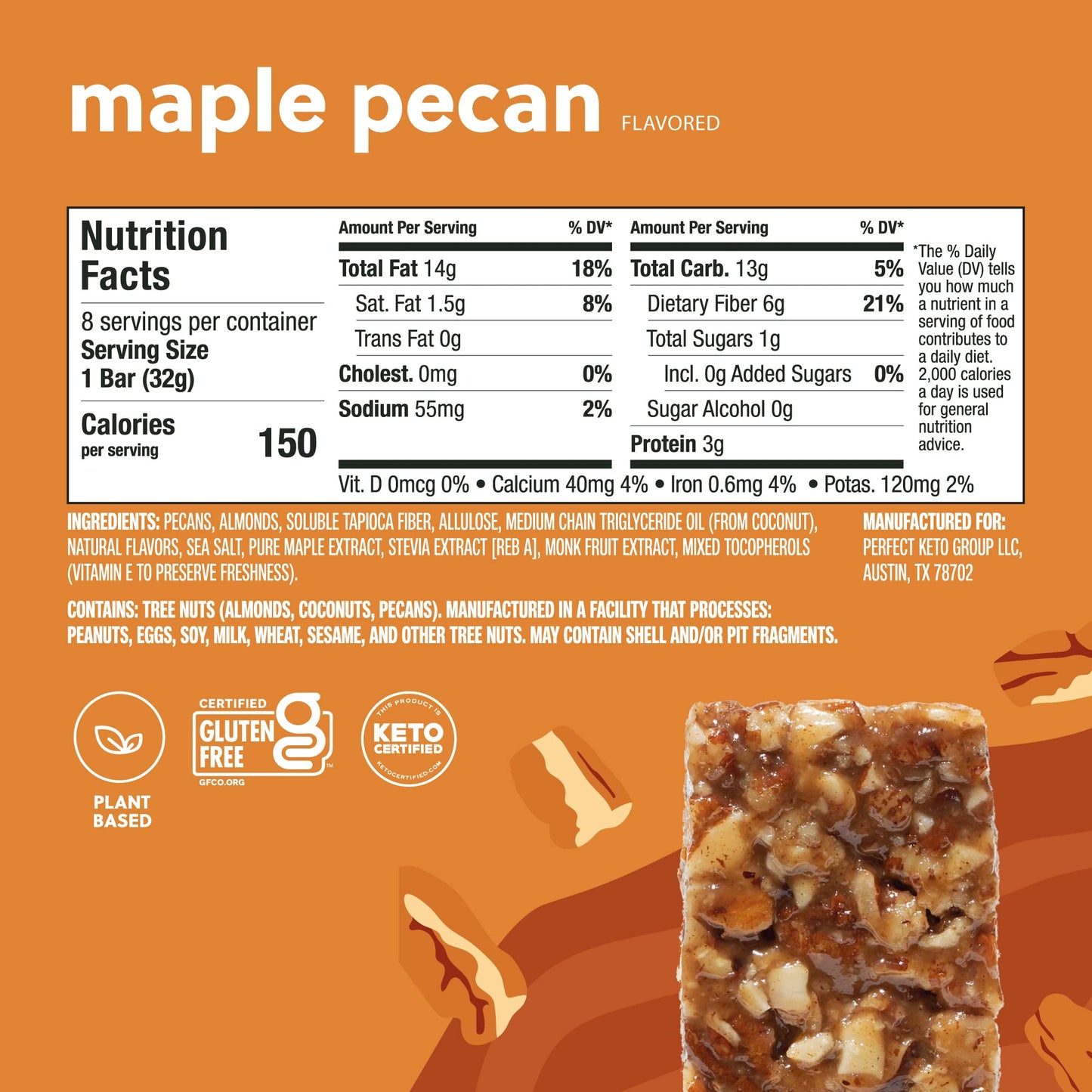 Perfect Keto Nola Bars, Gluten Free Low Carb Snack, 2g Net Carb, Maple Pecan, 8 Count