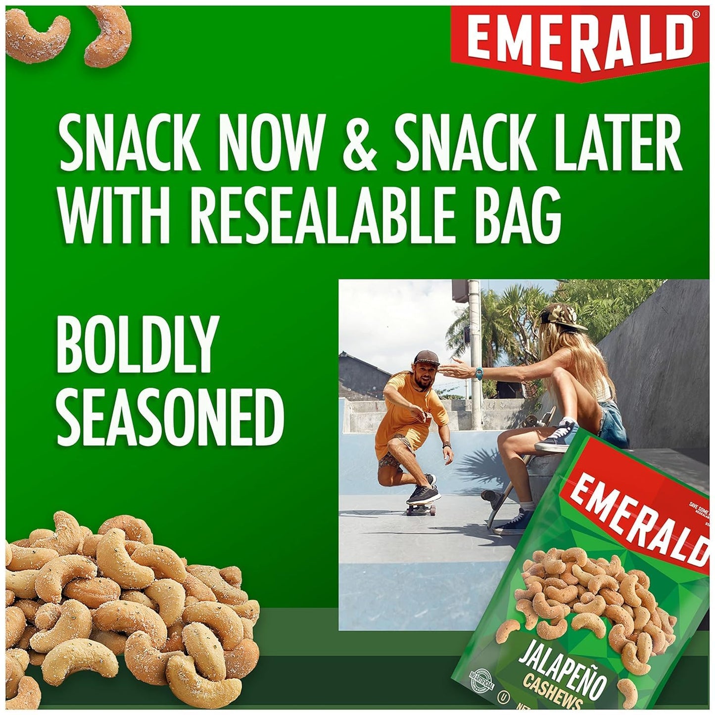 Emerald Nuts Jalapeno Cashews, 5 Oz Resealable Bag, Pack of 3