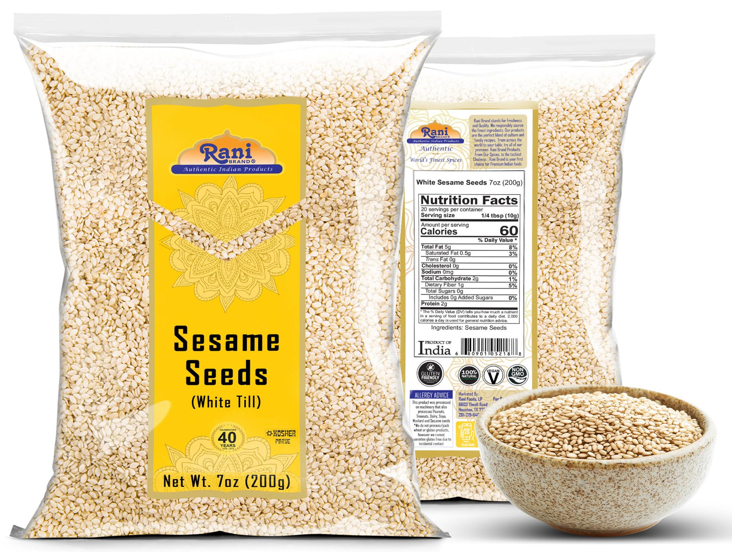 Rani Sesame Seeds Whole White, Hulled (Till) 7Oz (200Gm) ~ All Natural | Gluten Friendly | Non-Gmo | Kosher | Vegan | Indian Ori