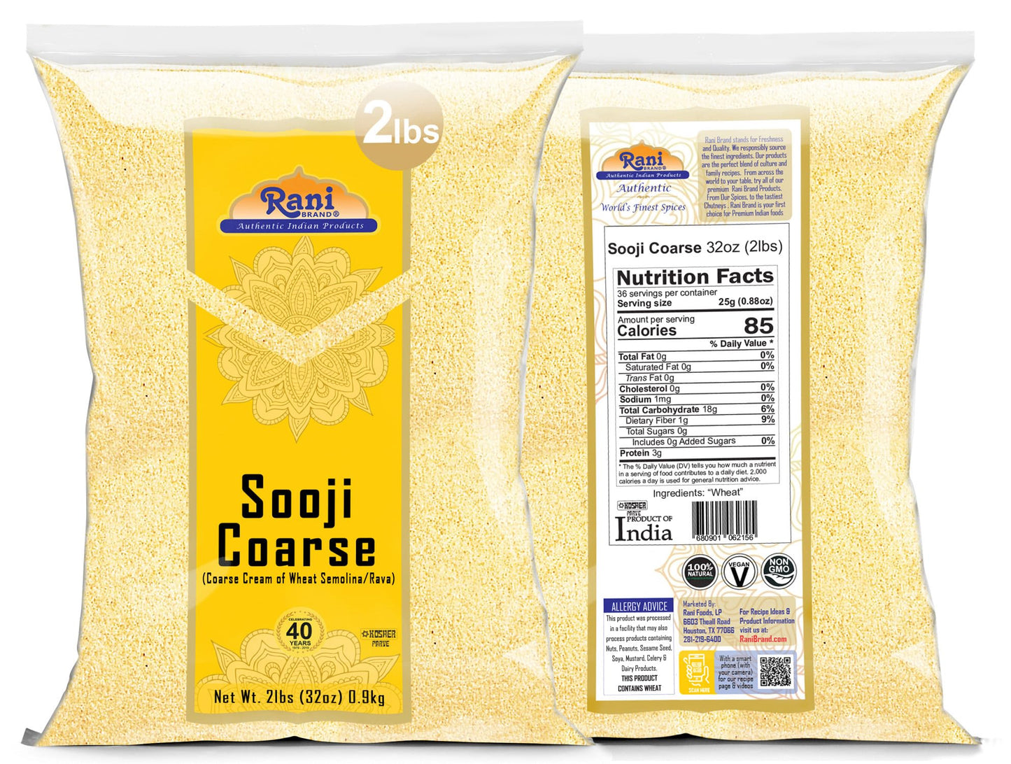 Rani Sooji Coarse (Farina, Suji, Rava, Rawa, Wheat Semolina) Flour 32Oz (2Lbs) 908G ~ All Natural | Vegan | Non-Gmo | Kosher | Indian Origin