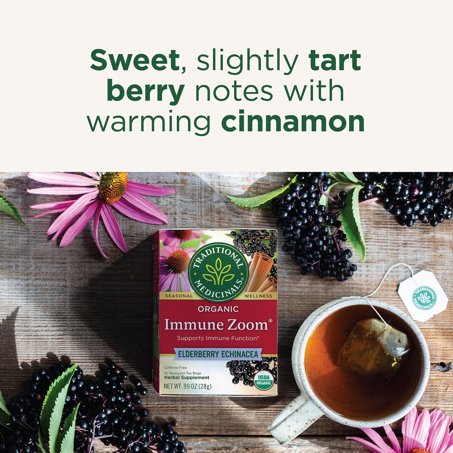 Traditional Medicinals Organic Immune Zoom Tea, Elderberry Echinacea, 16 Tea Bags