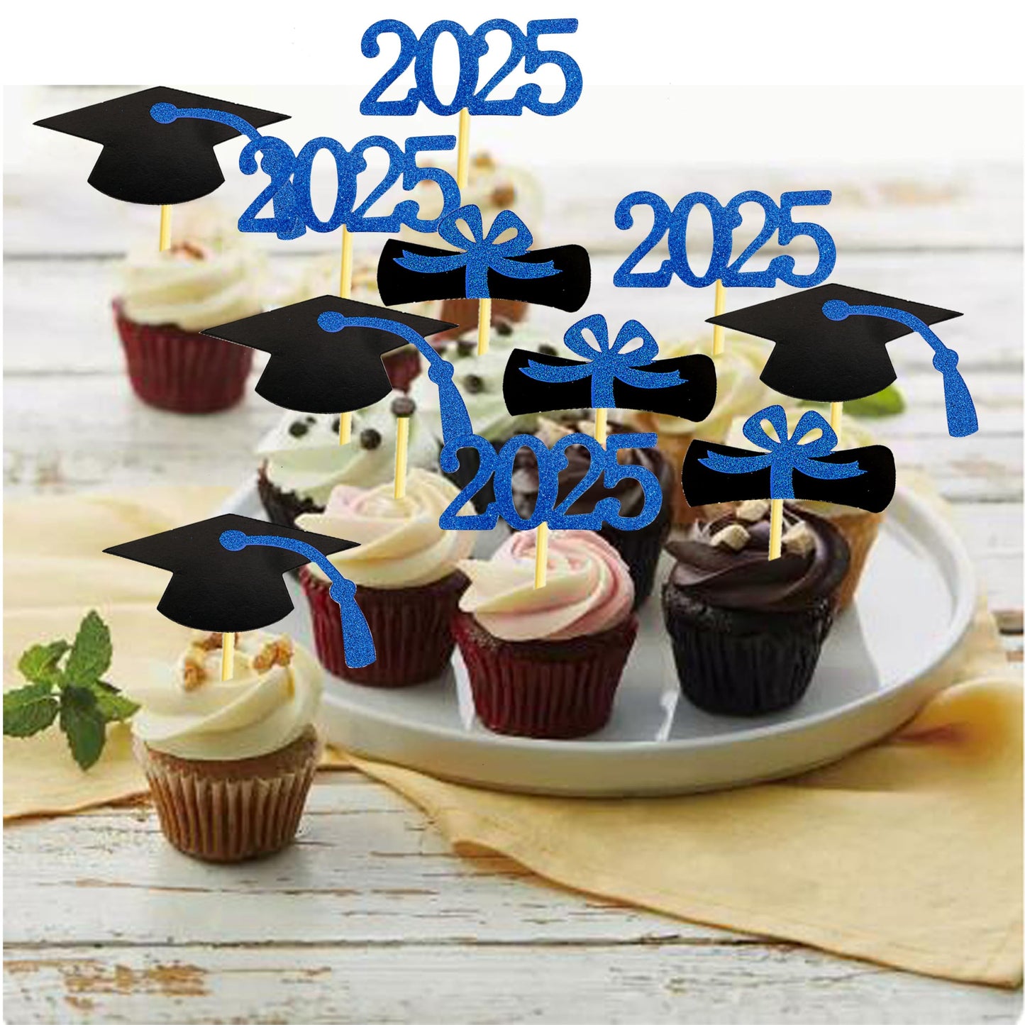 YuBoBo Graduation Cupcake Toppers Glitter Food Picks Diploma Grad Cap Favors Blue