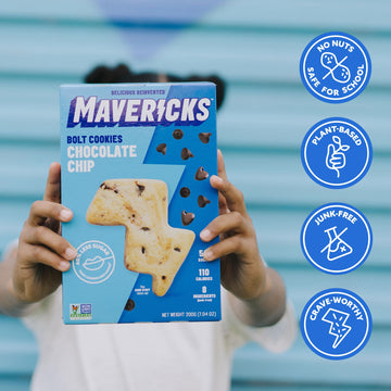 MAVERICKS Chocolate Chip Bolt Cookies - Plant-Based, Nut Free, 40% Less Sugar - 7 oz Box (8 Pack)