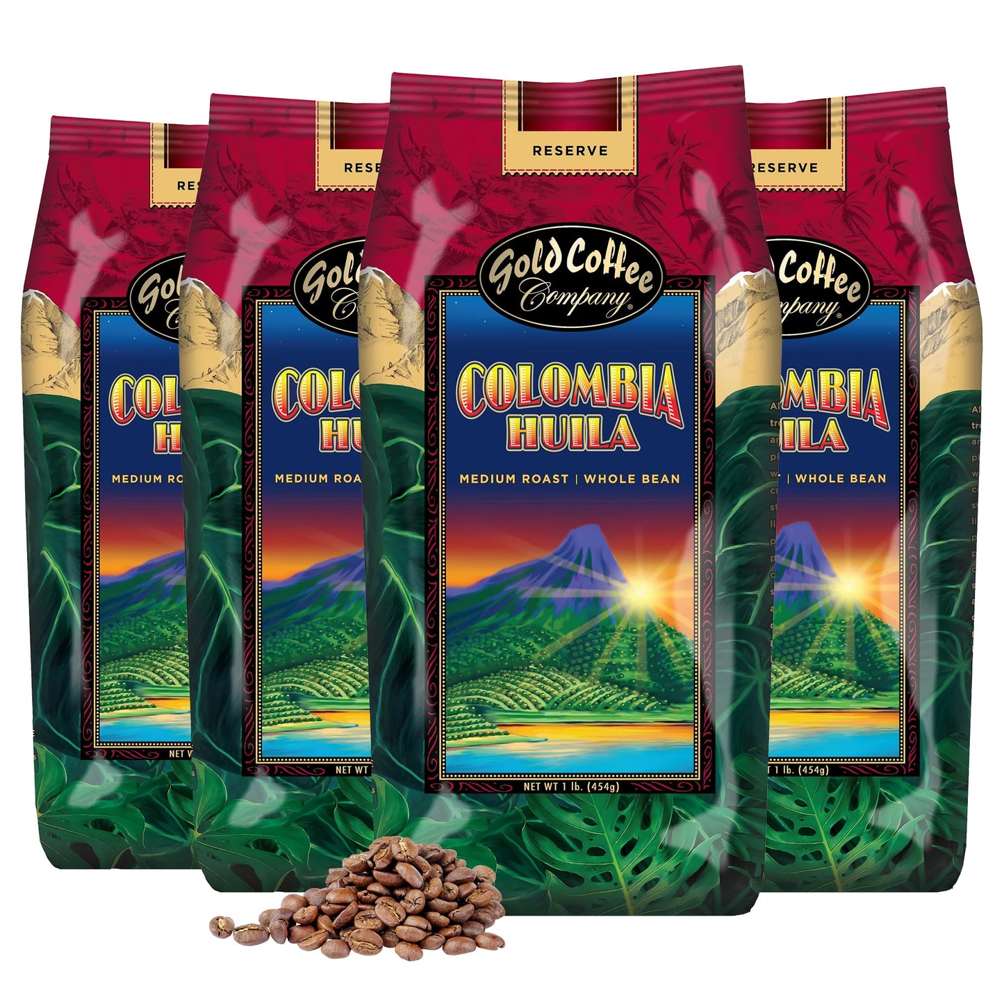 Gold Coffee | Top-Grade Colombia Huila  Medium Roast  Whole Bean | 100% Colombian Coffee  1 Lb. (Pack Of 4)