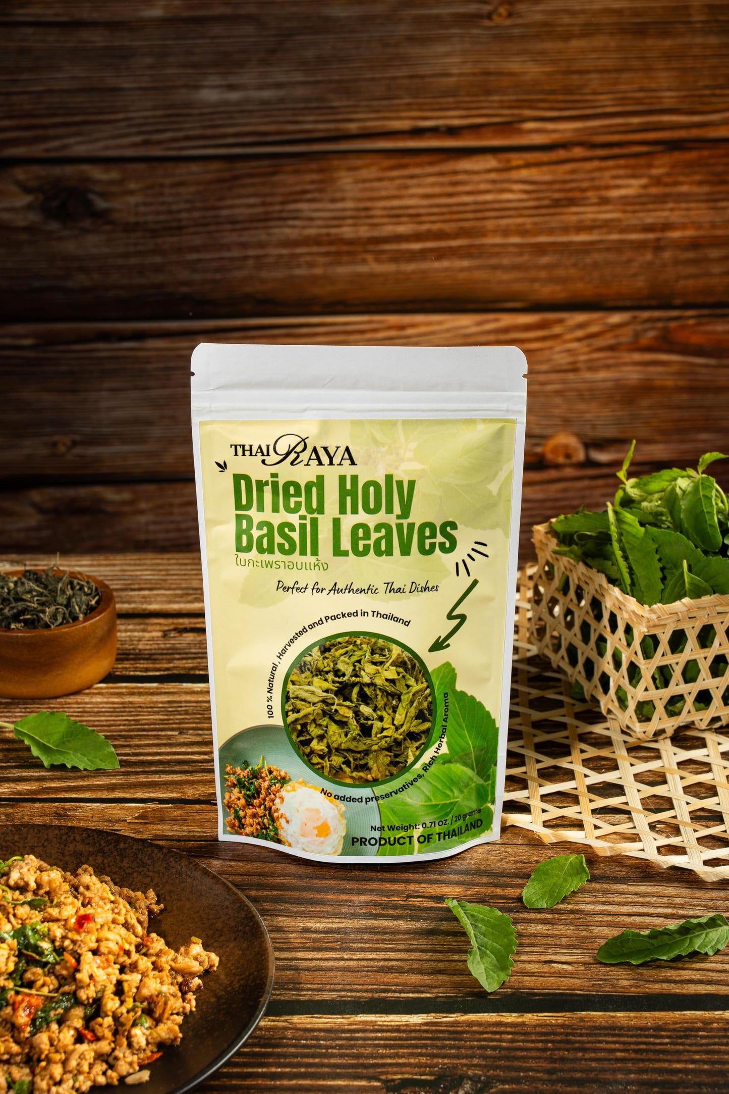 Thairaya Premium Dried Holy Basil Leaves Kaprao Thai Hearbs Natural 20 Grams (0.71 Oz.) Product Of Thailand Pack Of 1
