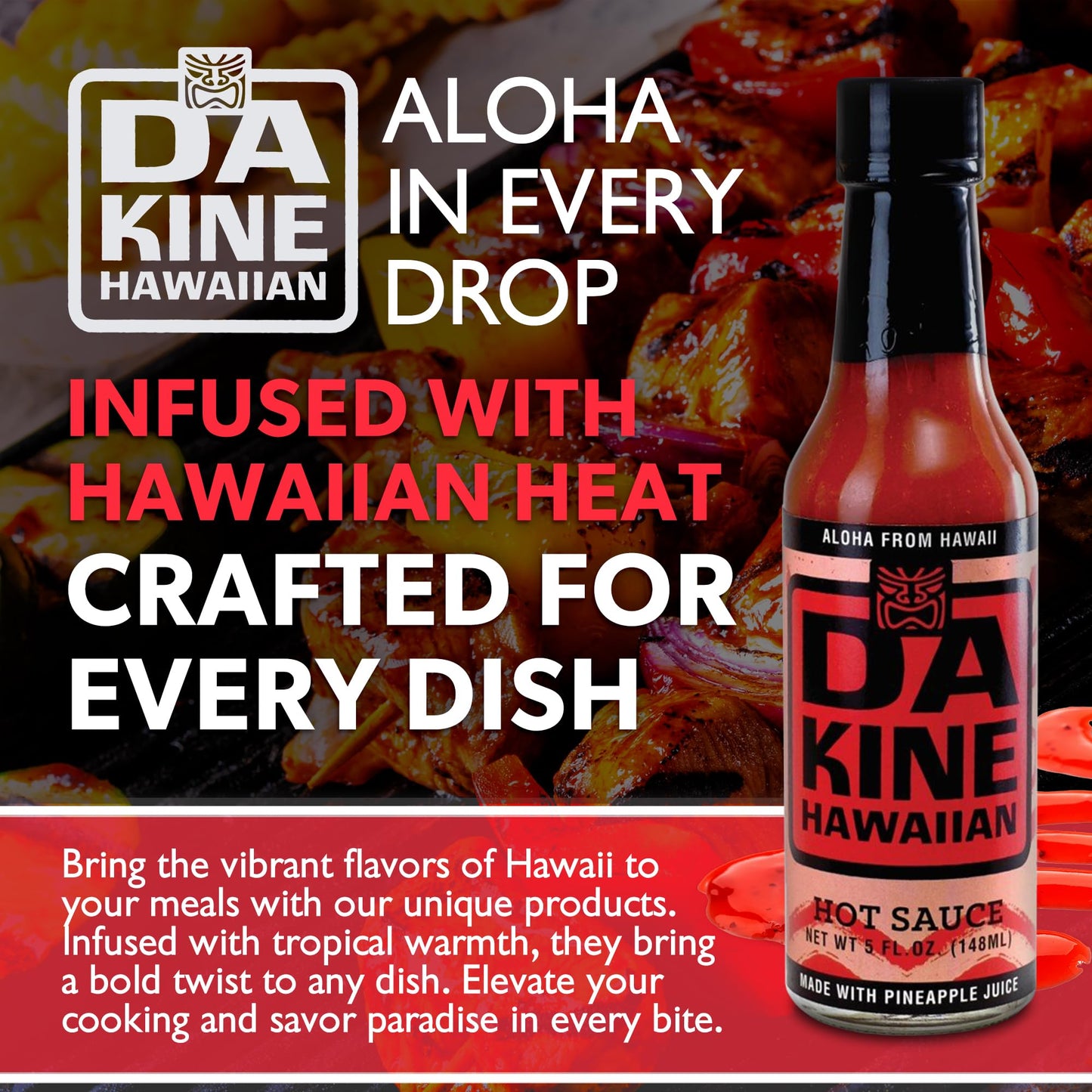 Da Kine Hawaiian Pineapple Hot Sauce - Vegan, Gluten-Free, Sweet & Spicy, 5 fl. oz - Ideal for Dipping, Drizzling & Dressings