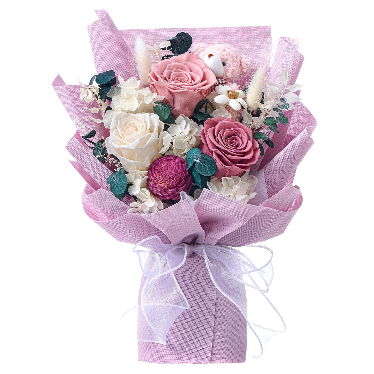 Polylove Forever Flower Bouquet Purple Flower Bouquet Preserved Roses With Bear Gift Box For Wife Mother Valentines Day Mothers