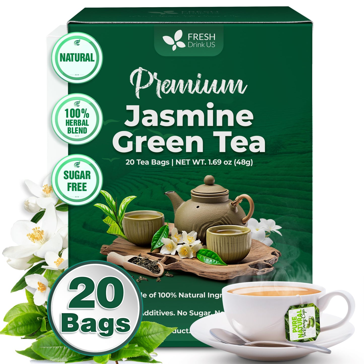 FRESHDRINKUS Jasmine Green Tea, 100% Natural, 20 Tea Bags, Vegan, No Sugar, No Gluten
