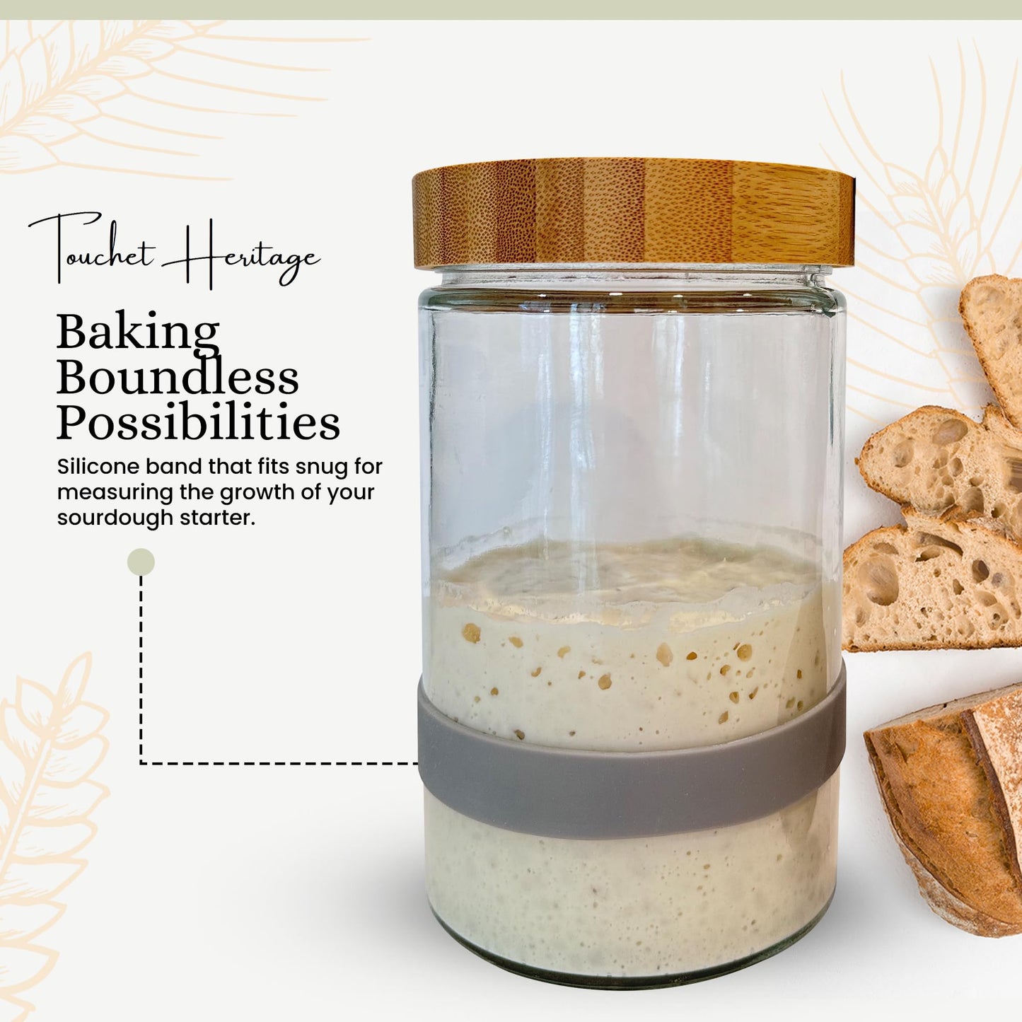 Touchet Heritage Sourdough Starter Jar - 32oz Thick Glass with Bamboo Lid, 6.5” x 4”, Includes Wooden Spoon & Silicone Measuring Band