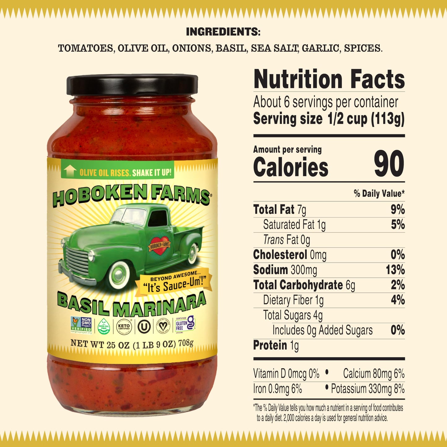 Hoboken Farms Basil Marinara Sauce - No Sugar Added, Low Sodium, Non-GMO, Preservative-Free, Low Carb, Keto - Better For You Pas