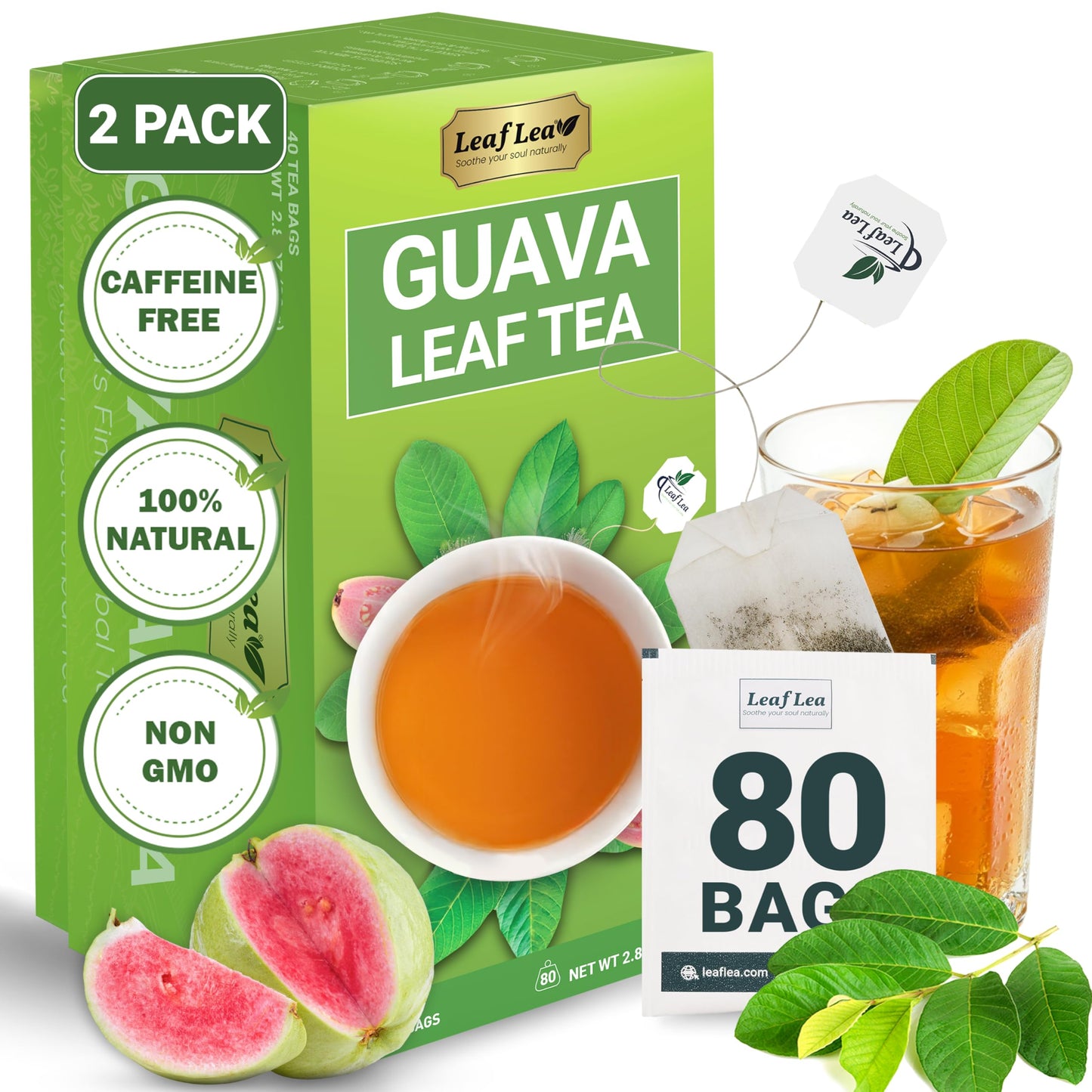 LeafLea Guava Leaf Tea, Herbal Tea, Caffeine-Free, 80 Tea Bags, Sugar-Free, Pack of 2