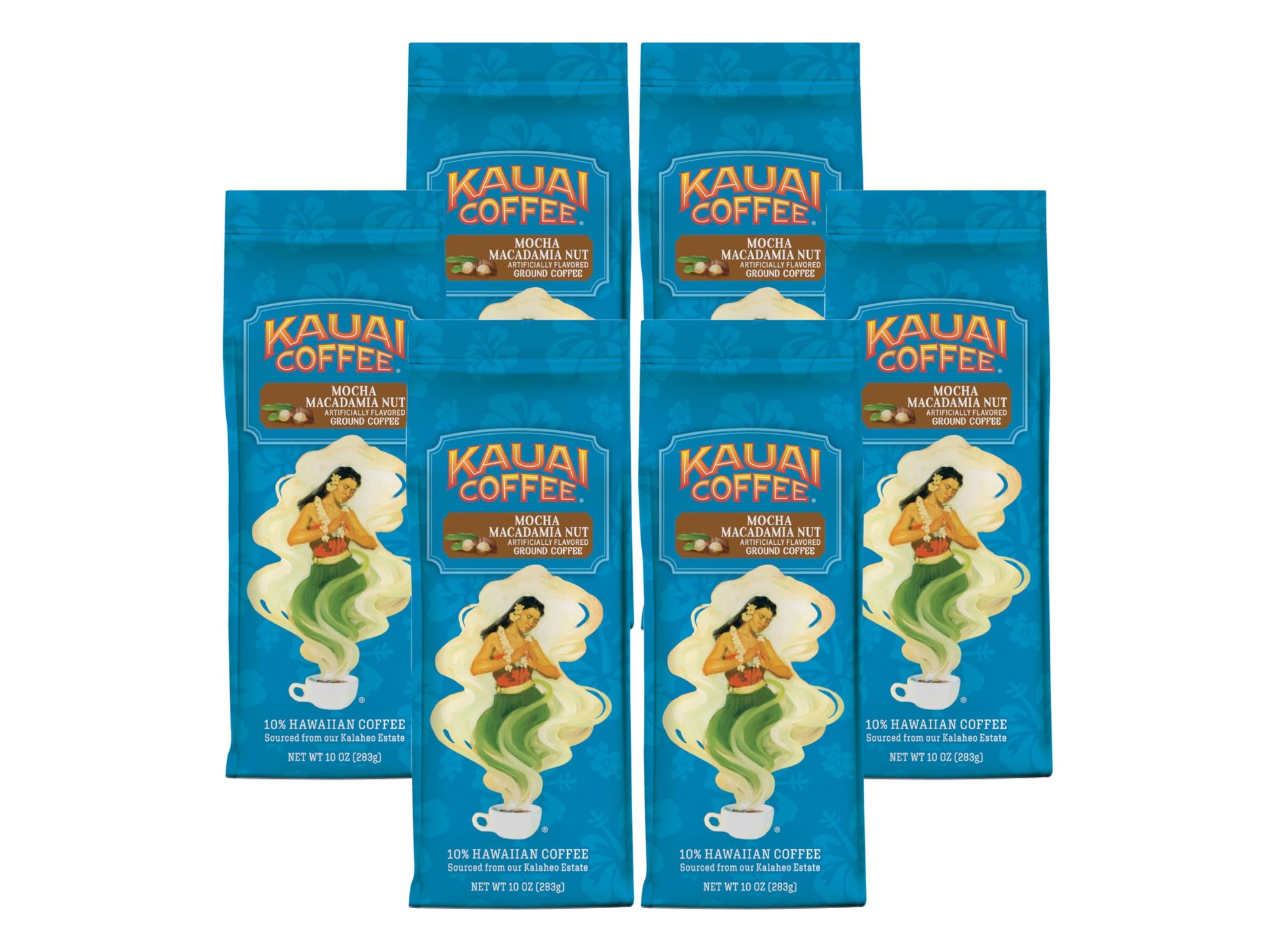 Kauai Coffee Ground Coffee - Smooth  Rich  Medium Roast - Chocolate Flavor And Nutty Aroma - Arabica Coffee  10% Hawaiian With No Bitterness - Mocha Macadamia Nut  6 Packs Of 10Oz