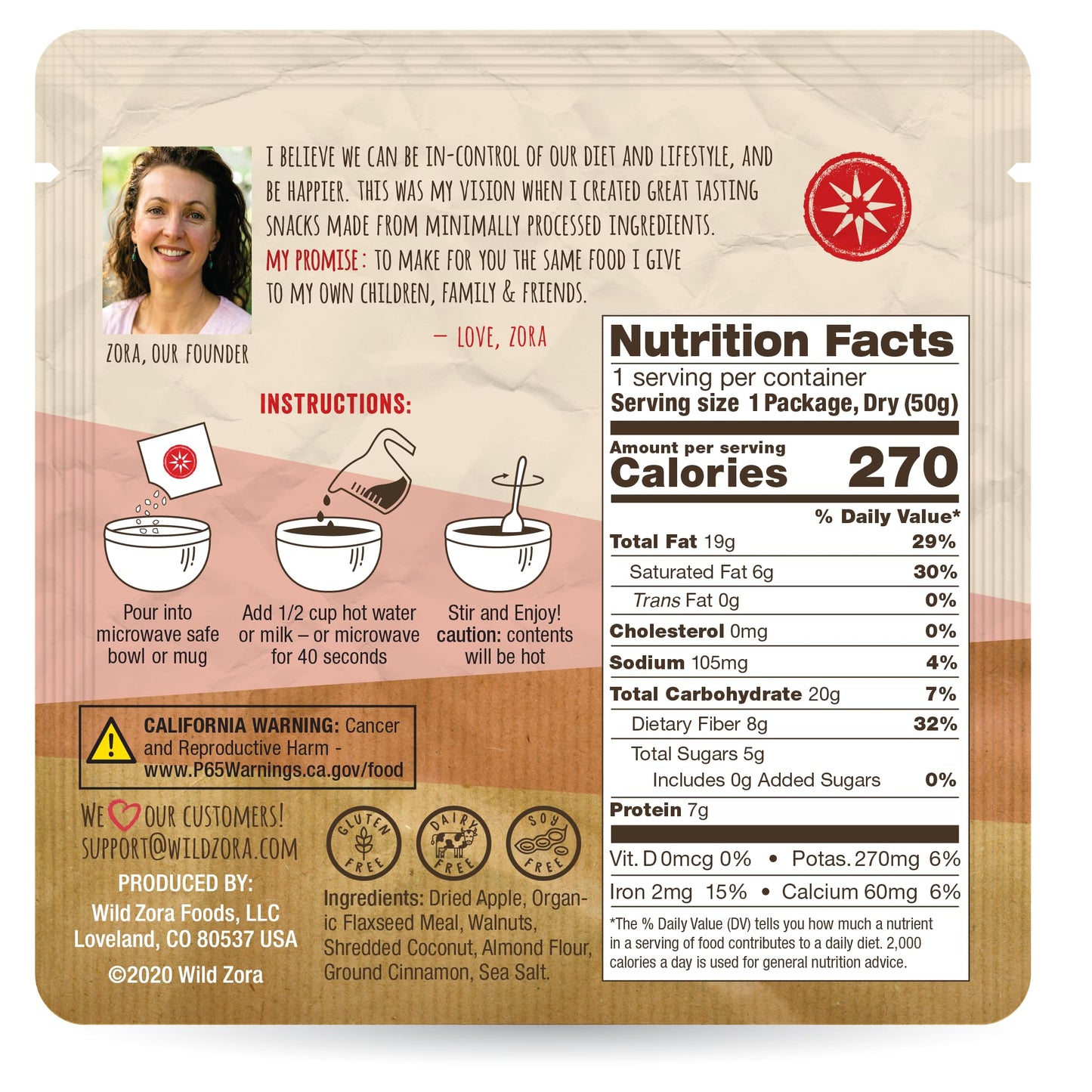 WILD ZORA Instant Grain-Free Hot Cereal, Apple Pie Flavor, Gluten Free, 5-Pack