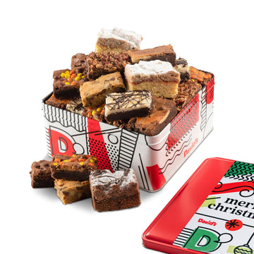 Davids Cookies Assorted Brownies & Crumb Cake Gift Basket Tin - 16pcs, Fresh Baked Gourmet Snacks for Christmas Holidays