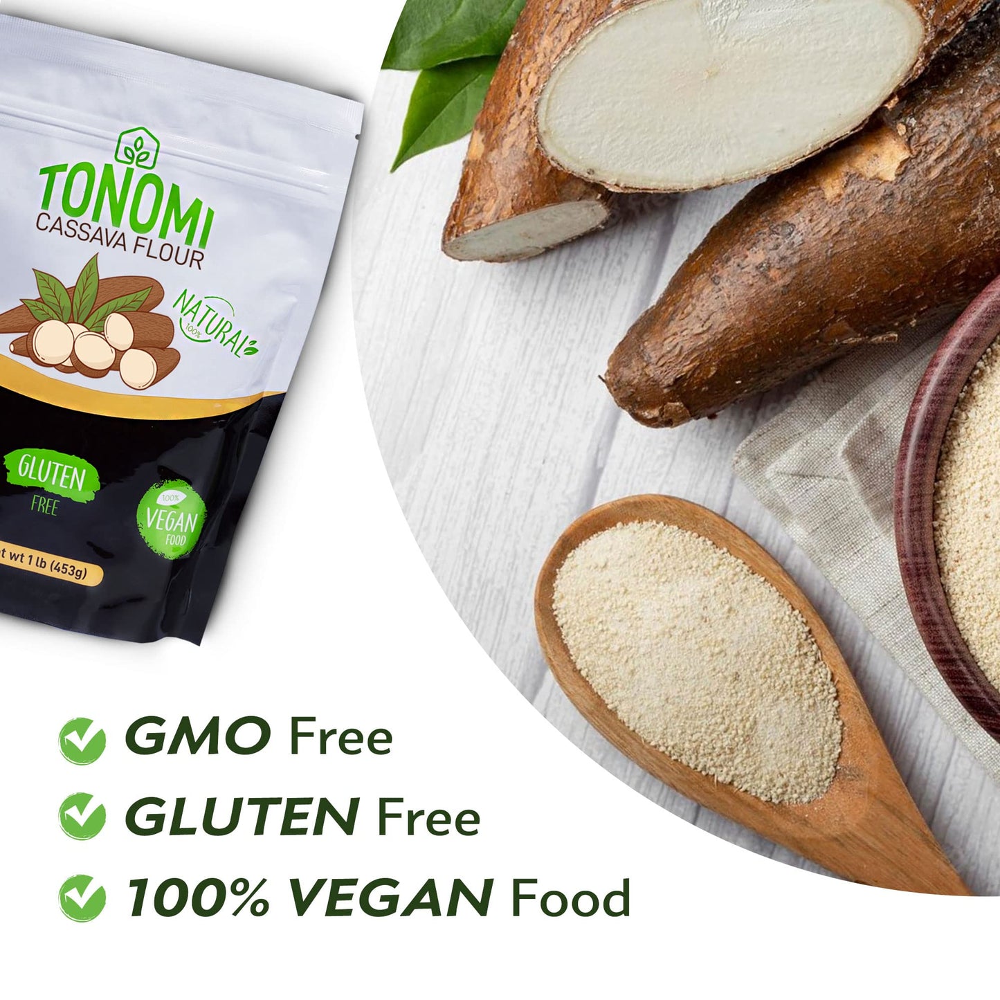 Tonomi All Natural Cassava Flour, Gluten-Free Flour For Baking, Paleo, Celiac, Verified Non-Gmo, Kosher And Halal, Made From 100